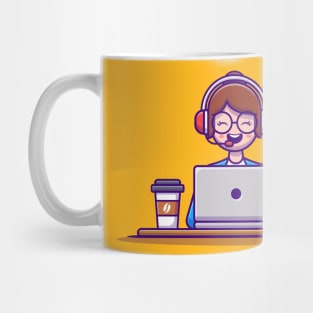 Woman Customer Service working on Laptop with Headphone Mug